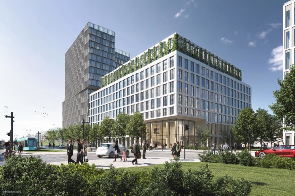 Visualisierung des Bürogebäudes Timber Pioneer in Frankfurt