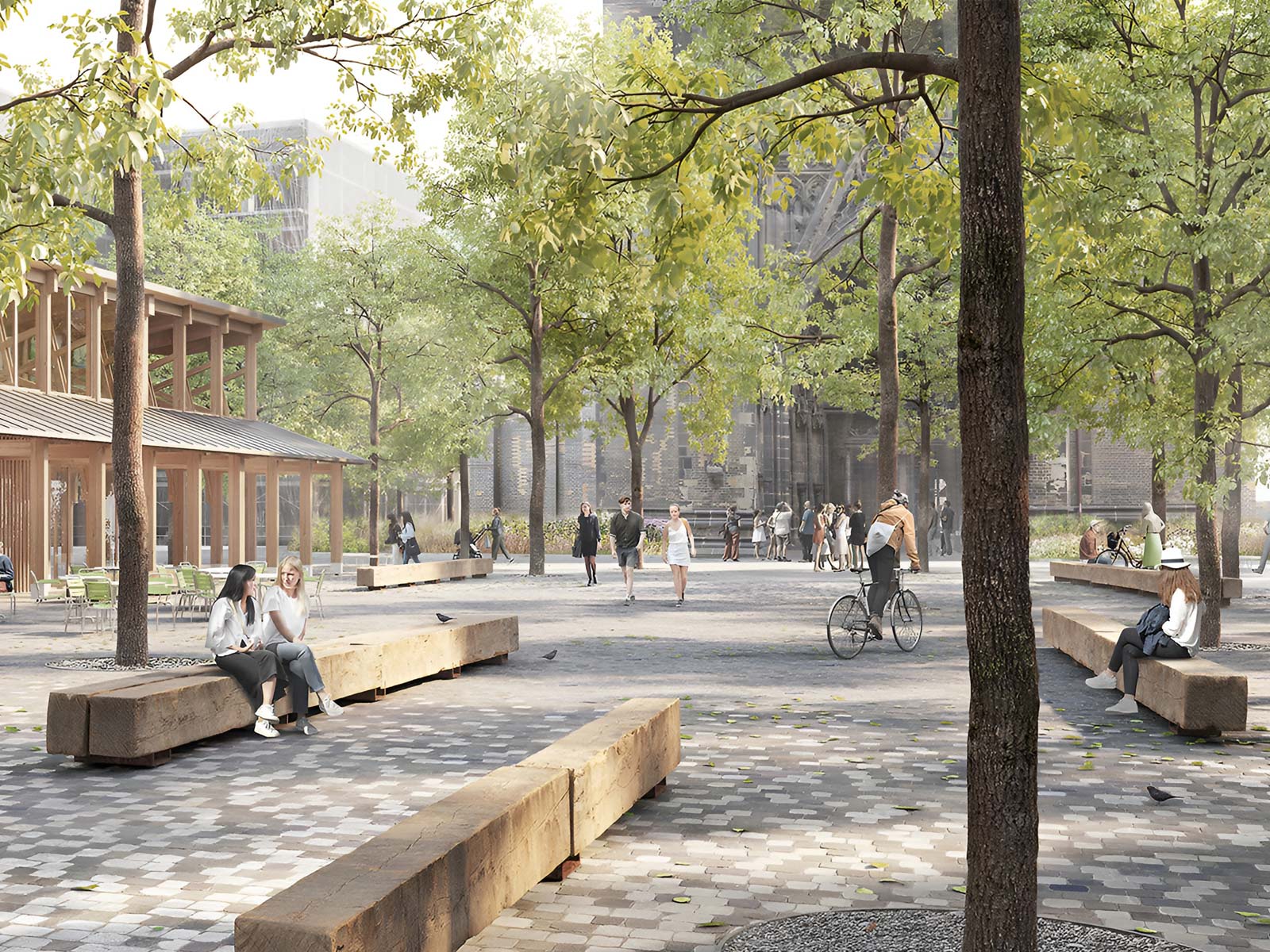 Die Visualisierung von TREIBHAUS Landschaftsarchitekten in Hamburg zeigt einen gepflasterten Platz mit Bäumen und Sitzmöglichkeiten.
