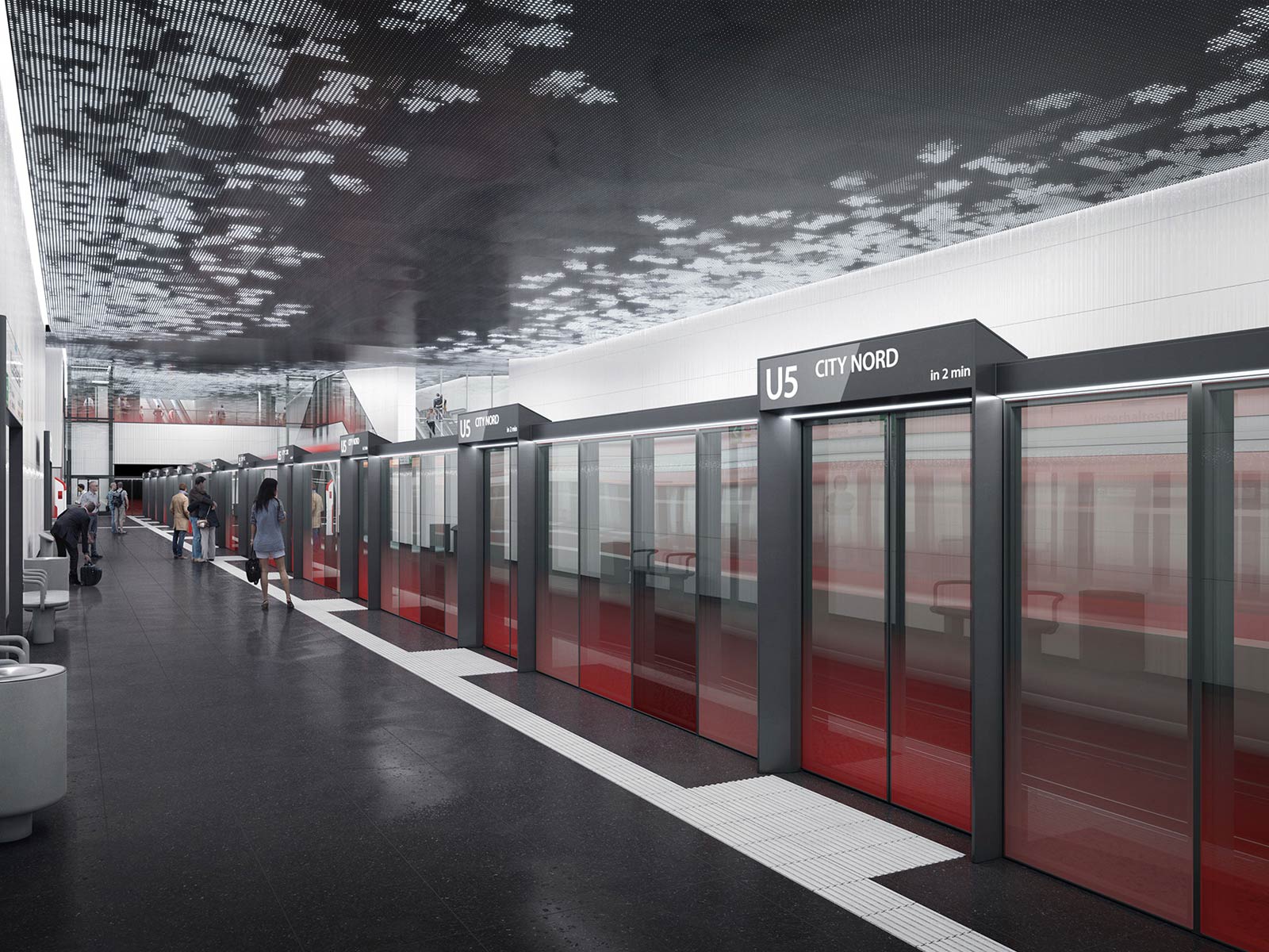 Visualisierung einer Haltestelle der geplanten U5 in Hamburg, für die nun eine Förderung beantragt werden kann. Die Haltestelle ist zu den Gleisen hin verglast, sodass die Fahrgäste nur in die Bahn und nicht auf die Gleise gelangen.