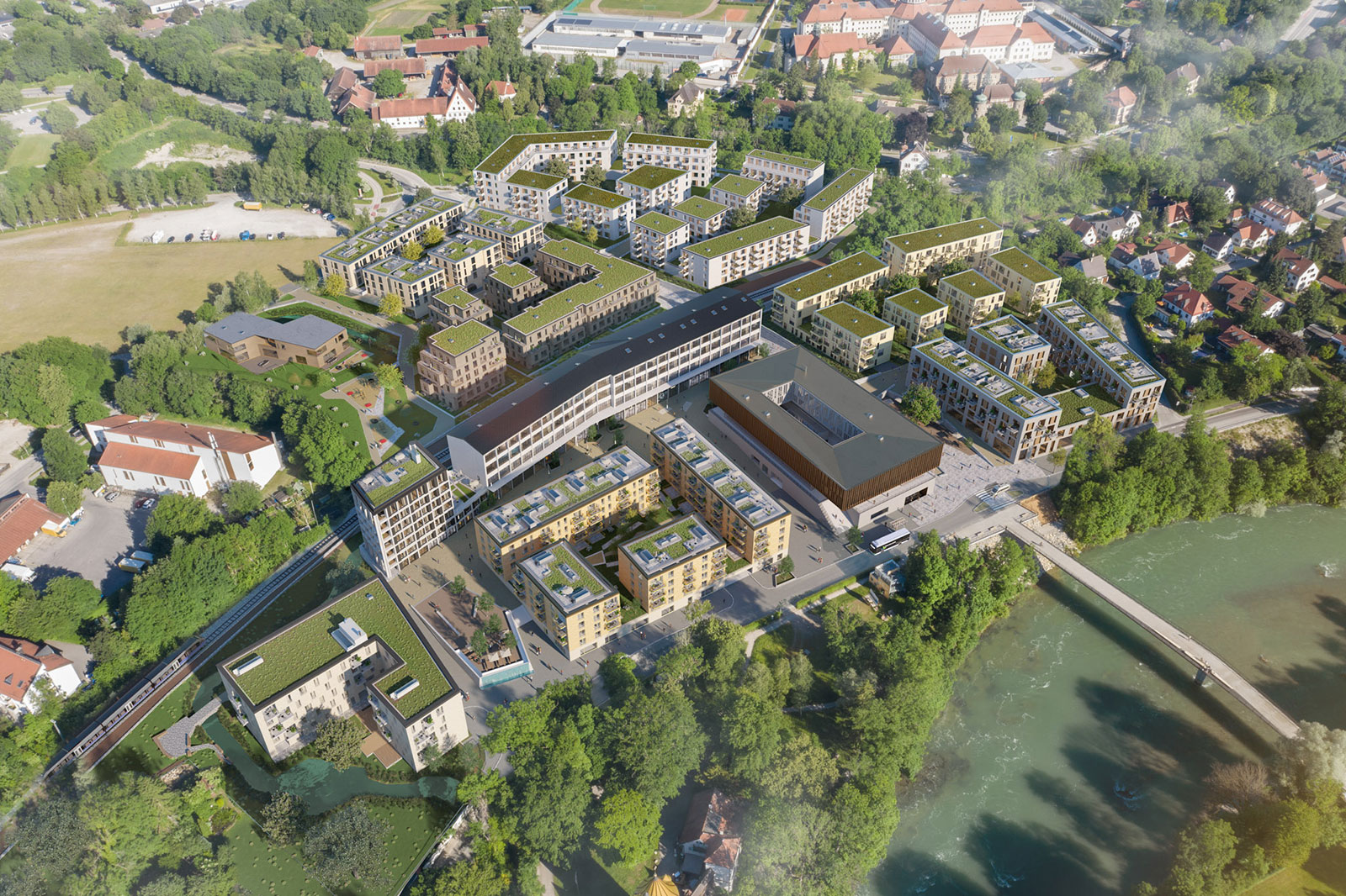 Visualisierung des Bauprojektes Am Papierbach in Landsberg am Lech. Das geplante Quartier aus der Vogelperspektive.