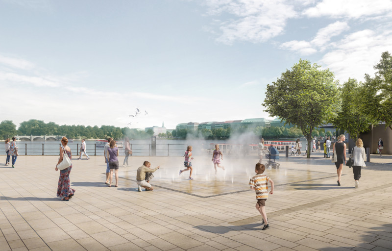 Umbau Jungfernstieg Hamburg: Die Visualisierung zeigt Kinder, die mit Wasserfontänen spielen.