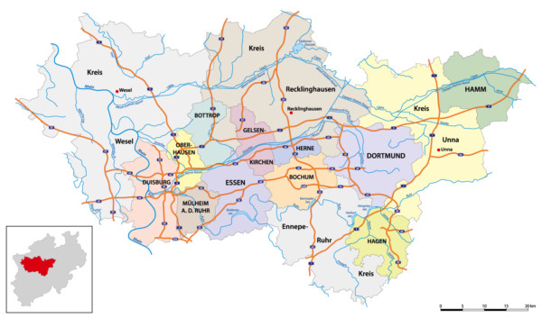 Karte des Ruhrgebiets.