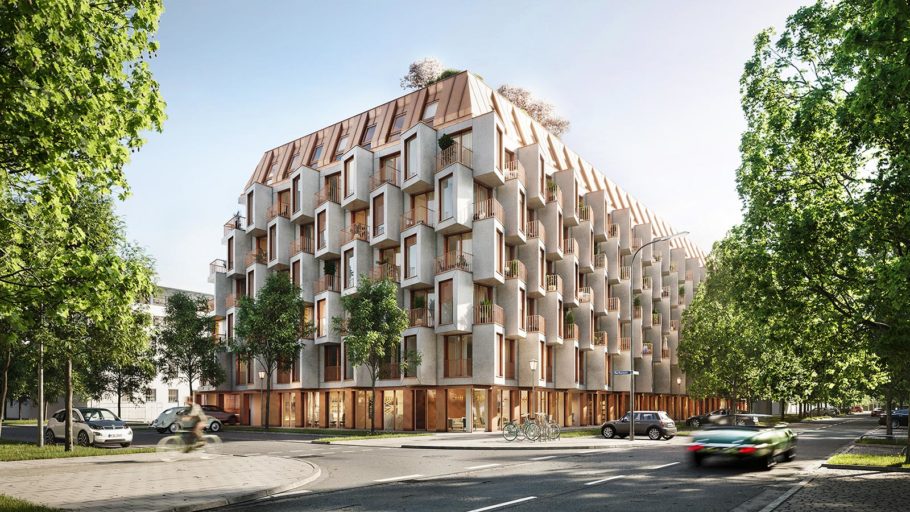 Visualisierung des Van B in München Schwabing: Die Fassade fällt durch viele nach außen stehende und zur Seite schräg verlaufende Quader und darin eingesetzte Fenster auf. Außerdem schimmert es durch die Kupferfassade im EG, das Kupferdach und die Balkongeländer aus Kupfer.