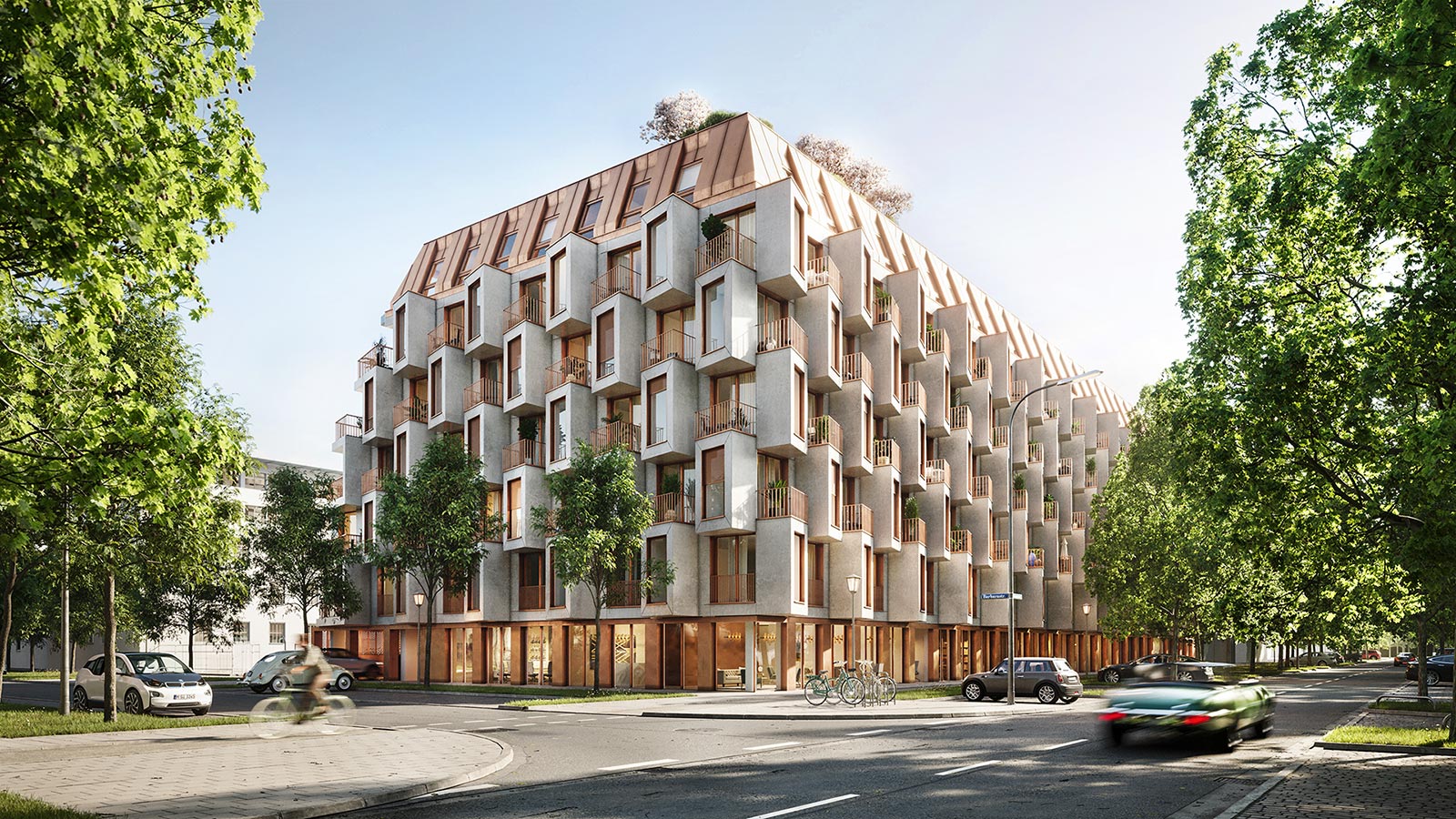 Visualisierung des Van B in München Schwabing: Die Fassade fällt durch viele nach außen stehende und zur Seite schräg verlaufende Quader und darin eingesetzte Fenster auf. Außerdem schimmert es durch die Kupferfassade im EG, das Kupferdach und die Balkongeländer aus Kupfer.