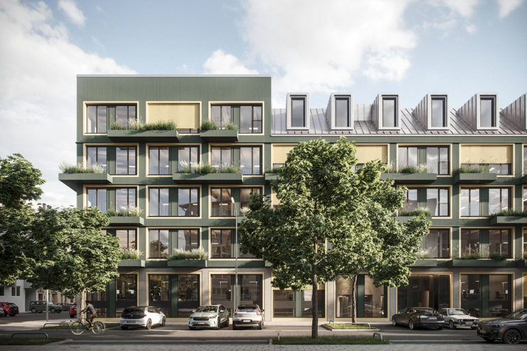 Visualisierung des Vinzent in München Neuhausen: Aus der dunkelgrünen, lamellenartigen Fassade stehen balkonartige, bepflanzte Flächen hervor.