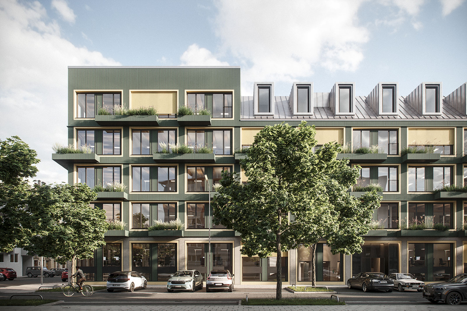 Visualisierung des Vinzent in München Neuhausen: Aus der dunkelgrünen, lamellenartigen Fassade stehen balkonartige, bepflanzte Flächen hervor.