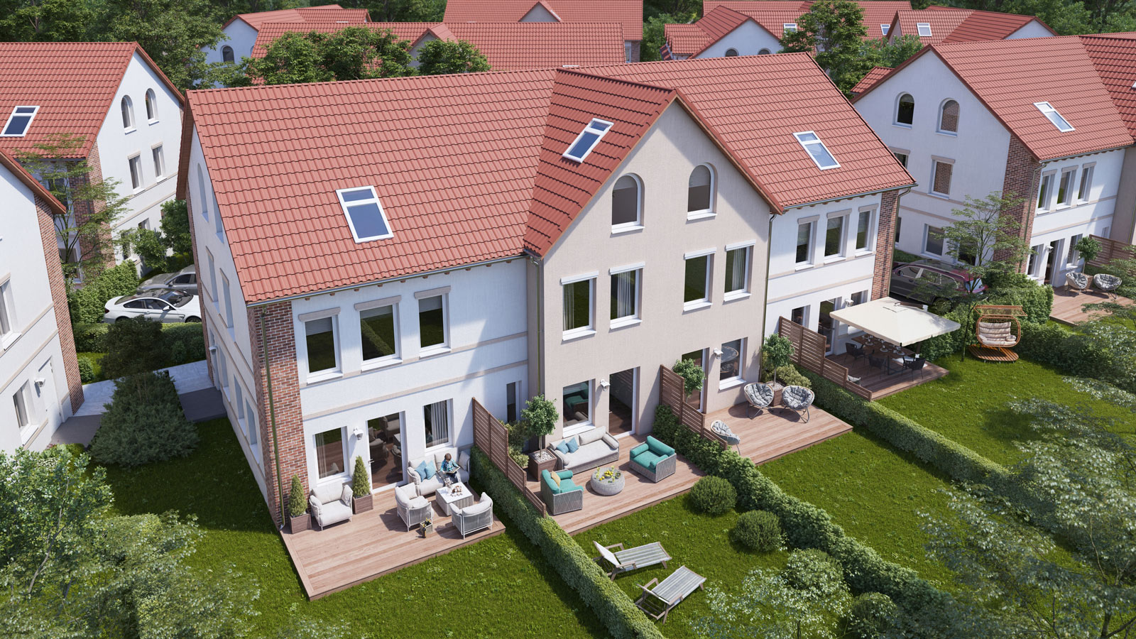 Vogelperspektive: Musterhaus im Wartenberger Anger in Berlin: 4 Parteien mit je eigenem Garten