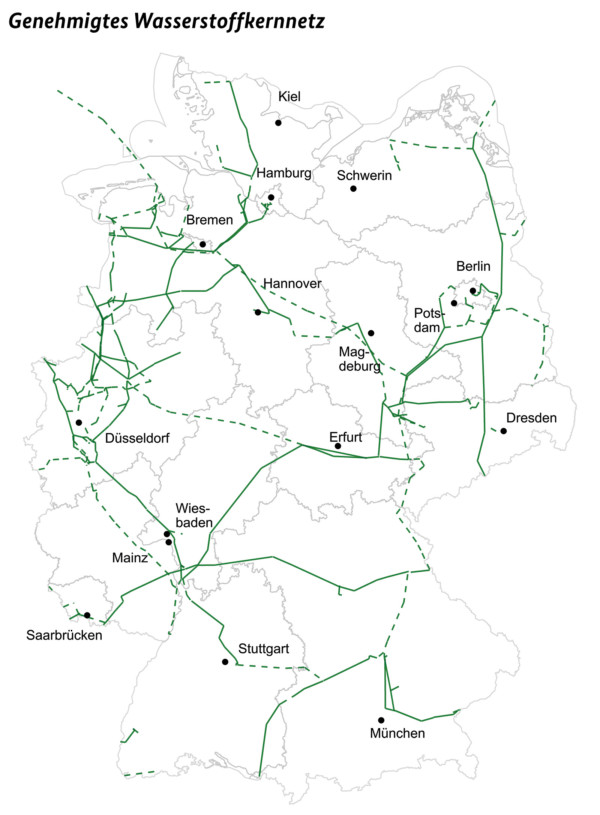 Genehmigte Karte: Wasserstoffkernnetz in Deutschland