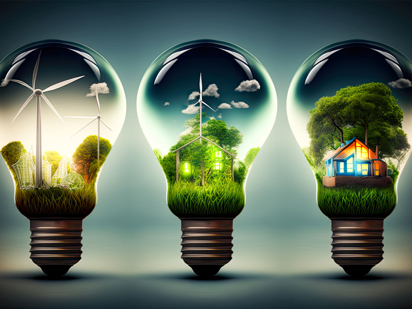 Drei Glühbirnen, in denen Windräder, Häuser und Bäume abgebildet sind, symbolisieren den Realisierungswettbewerb Wegbereiter 2040 in Rheinland-Pfalz.