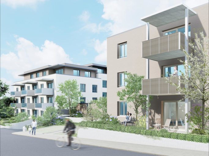 Visualisierung des Bauprojekts Weingarten Living in Ludwigsburg. Zwei neu gebaute 3-4-stöckige Gebäude stehen nebeneinander. Eins davon ist weiß, das andere beige.