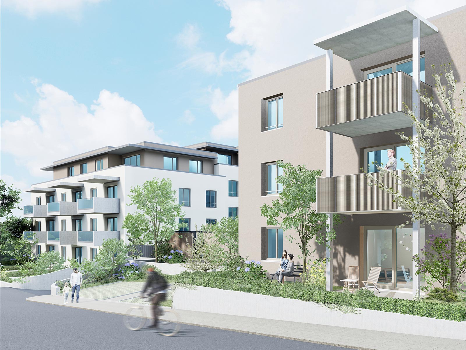 Visualisierung des Bauprojekts Weingarten Living in Ludwigsburg. Zwei neu gebaute 3-4-stöckige Gebäude stehen nebeneinander. Eins davon ist weiß, das andere beige.