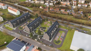 Visualisierung: Das Westquartier 4 in Kitzingen aus Vogelperspektive. 3 Mehrfamilienhäuser mit Spitzdächern