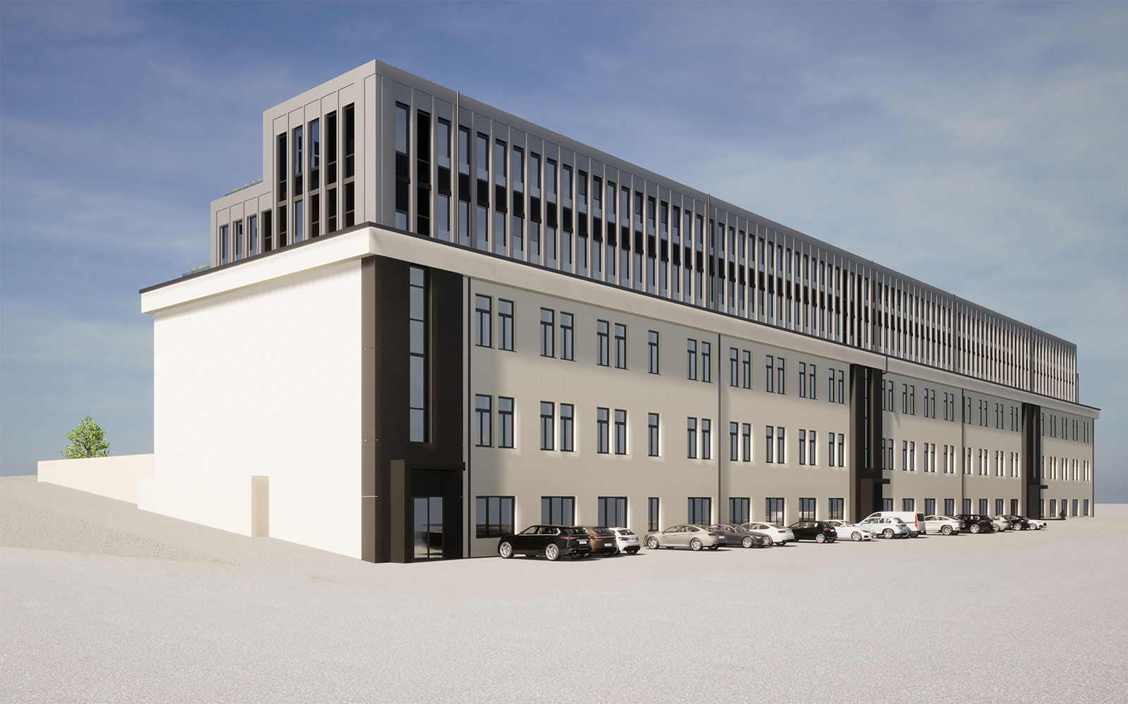 Außenvisualisierung des Neubaus Weststadtterrassen in Essen. Ein lang gezogenes Bürogebäude.