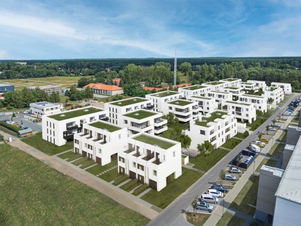 Visualisierung: Neubau Wohnen am Wiesenpark. Viele weiße Neubau-Reihenhäuser auf einer rechteckigen Baufläche