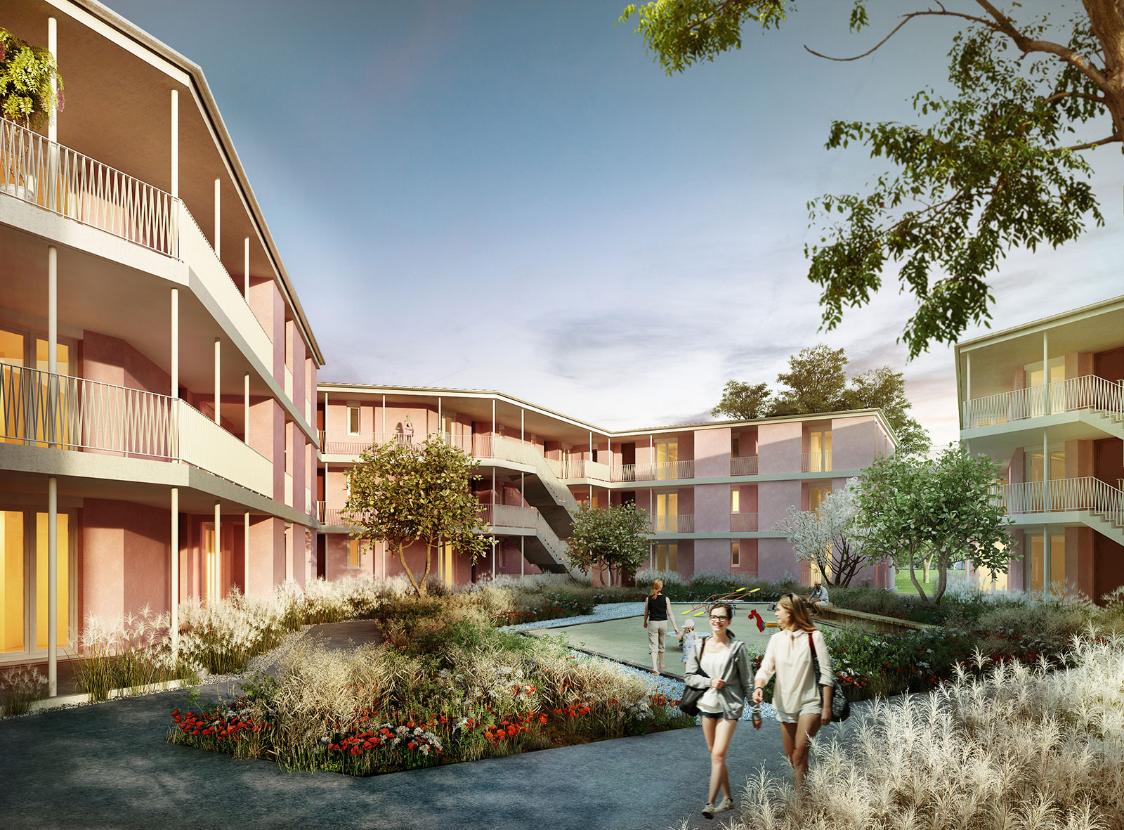 Visualisierung des Bauprojekts Wohnen am Rosengarten in Ingolstadt. Zu sehen ist der begrünte Innenhof eines sechseckig aussehenden Gebäudeensembles.