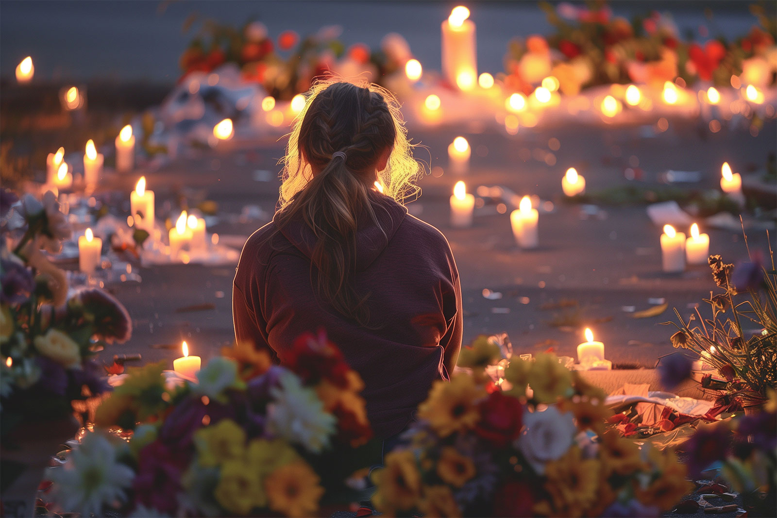 Bild zum Worker Memorials Day zeigt eine junge Frau von Hinten. Sie sitzt im Dunkeln zwischen vielen Blumen und Kerzen.