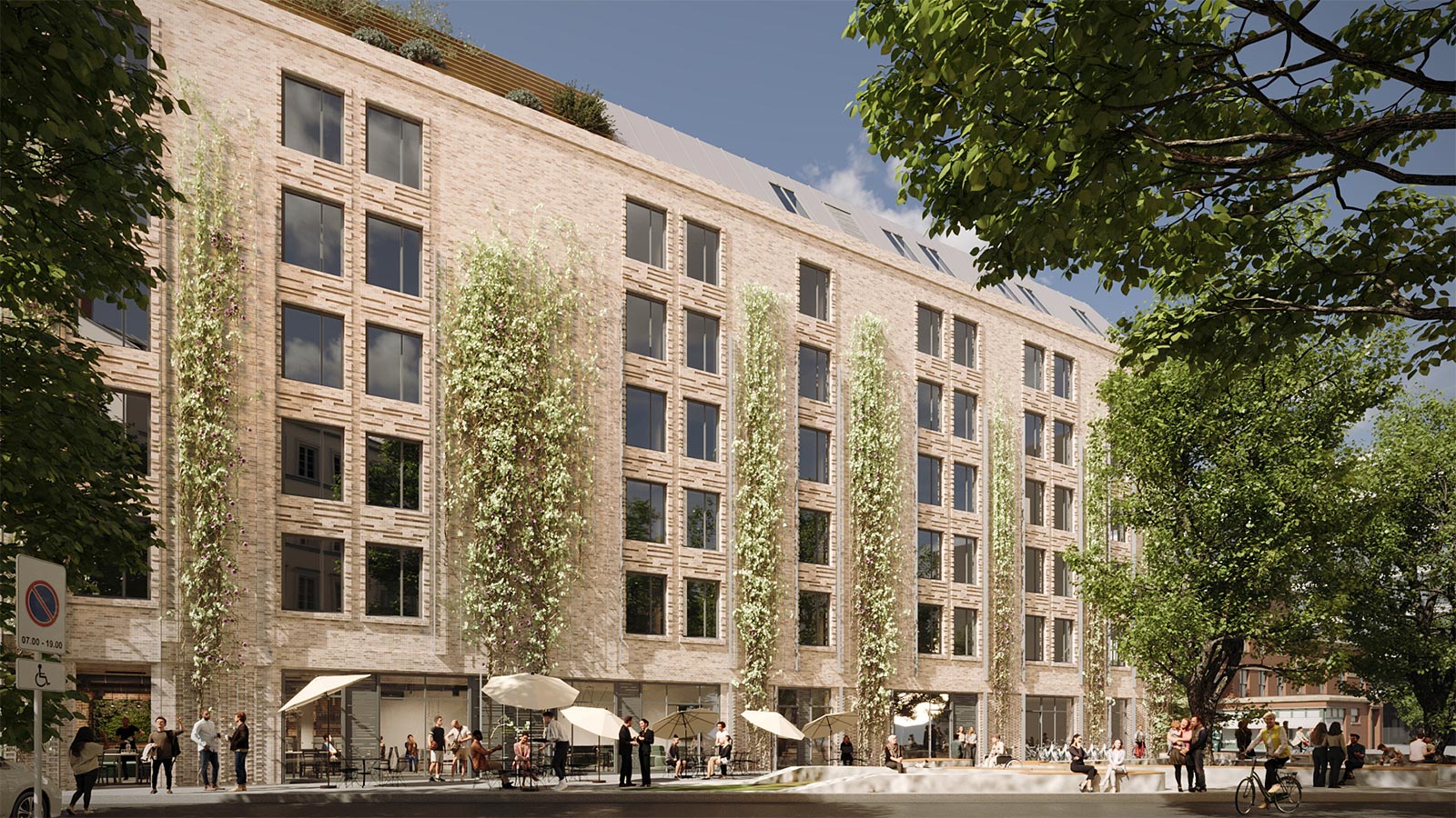Visualisierung des siebenstöckigen "YUL YoungUrbanLiving by Haspa" in Hamburg Altona mit begrünter fassade.