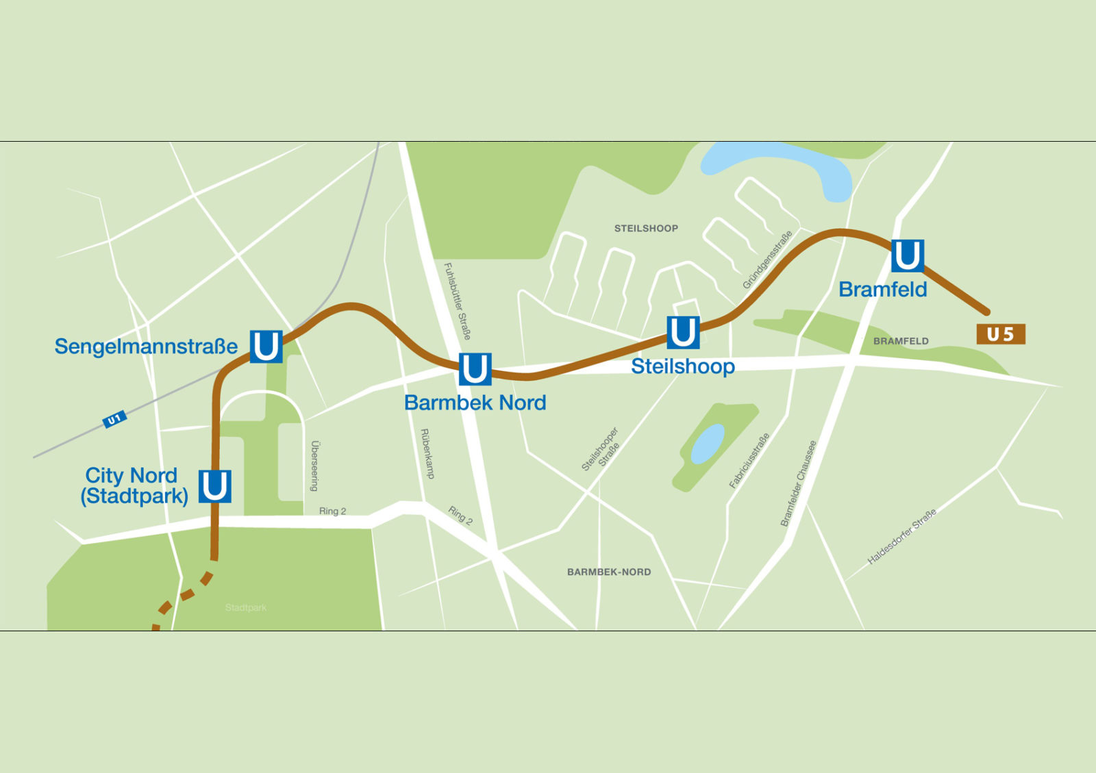 Schaubild des Streckenverlaufs der U5 Hochbahn in Hamburg, für deren Bau Züblin & Wayss Freytag eine Arbeitsgemeinschaft bilden.