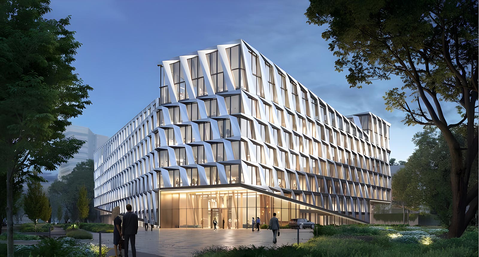 Eine Visualisierung des One Plaza in Düsseldorf. Sie zeigt das sechsstöckige Gebäude mit einer Glasfassade.